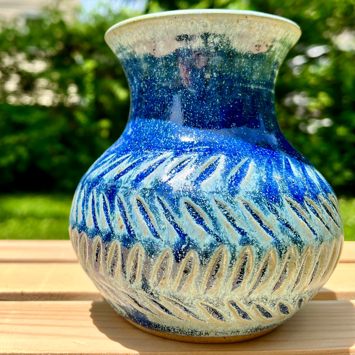 Hand Carved Vase in Frosted Moss Glaze On Studio