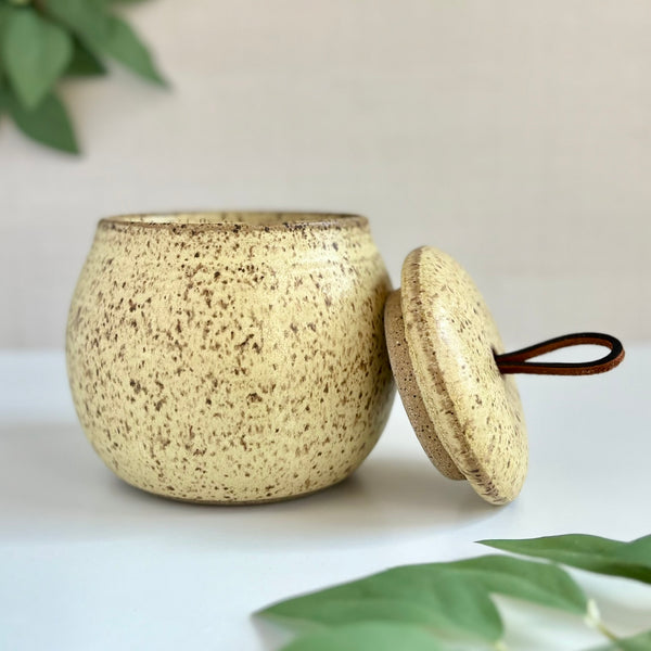 Toasted Hay Lidded Jar with Leather